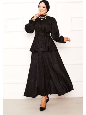 Md Beli Büzgülü Seyyar Kuşaklı Jakar Etekli Takım Siyah