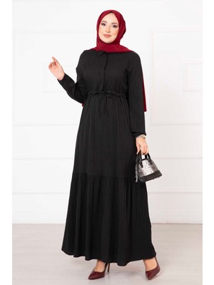 Asm Yarım Düğmeli Beli Büzgülü Tesettür Elbise Siyah