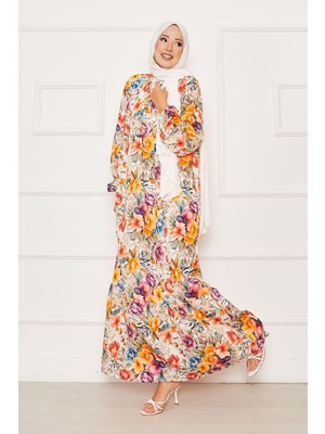 Mlk Çiçekli Yarım Düğmeli Tesettür Elbise Turuncu
