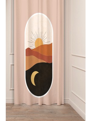 Greendecor Güneş Ay Çöl Bohem Desenli Özel Tasarım Dijital Baskılı (Tek Kanat) Sade Soft Bej Krem Şık Fon Perde