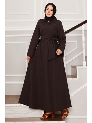 EFL Seyyar Kuşaklı Gömlek Yakalı Elbise Acı Kahve