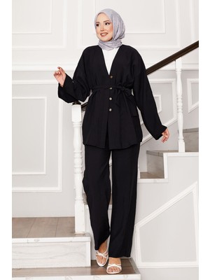 Md Kuşaklı Ve Düğmeli Kimono Takım Siyah