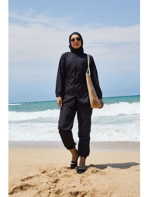SVS Boydan Fermuarlı Beli Ayarlanabilir Tesettür Mayo Siyah