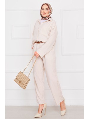 Md Cep Detaylı Keten Tesettür Takım Taş