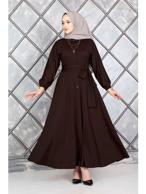 Md Boydan Düğmeli Kuşaklı Tesettür Elbise Kahve