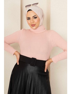 Boğazlı Triko Kazak Pudra