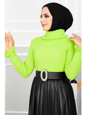 SB Fırfır Detaylı Triko Kazak Fosforlu Yeşil