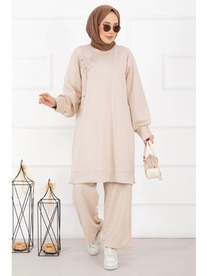 Nz Taş İşleme Çiçek Detaylı Tesettür İkili Takım Bej