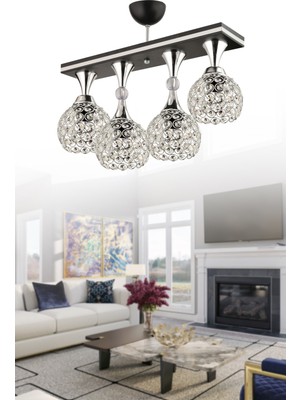 Normadia Şık Siyah Krom Kristal Toplu Modern Avize, 4'lü Set