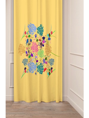 Greendecor Çiçekler Yaprak Çizgili Bohem Desenli Özel Tasarım Dijital Baskılı (Tek Kanat) Modern Şık Fon Perde