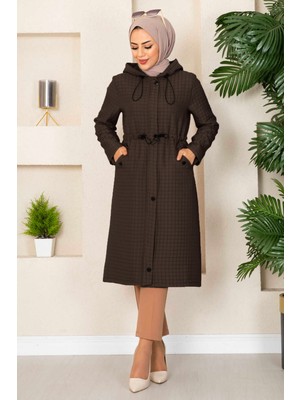 Md Kapüşonlu Kapitone Tesettür Trenç Kahve