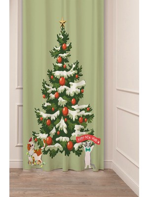 Greendecor Yılbaşı Çam Ağacı Noel Ağacı Kar Yeni Yıl Christmas Desenli Özel Tasarımlı Dijital Baskılı Fon Perde
