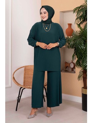 Nz Piliseli Rahat Kalıp Tesettür İkili Takım Zümrüt