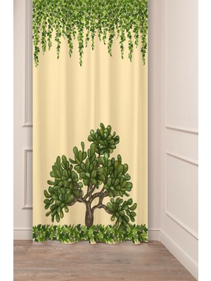 Greendecor Çiçekler Yaprak Çizgili Bohem Desenli Özel Tasarım Dijital Baskılı (Tek Kanat) Modern Şık Fon Perde