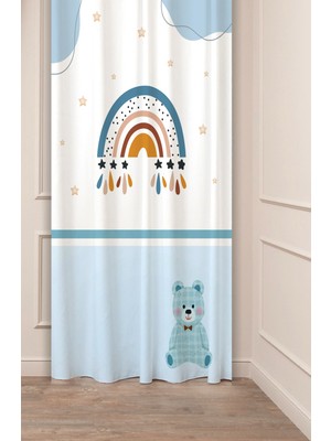 Greendecor Özel Tasarım Gökkuşağı Yıldız Bulut Desenli Dijital Baskılı (Tek Kanat) Çocuk Odası Bohem Fon Perde