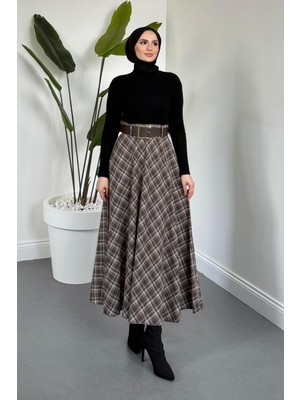 Merven Akyüz Hare Kemerli Ekose Desen Etek Latte