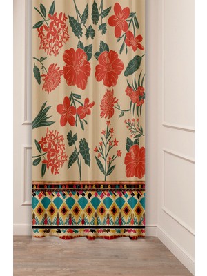Greendecor Bohem Çiçek Yaprak Antika Desenli Özel Tasarım Dijital Baskılı (Tek Kanat) Modern Şık Tarz Fon Perde