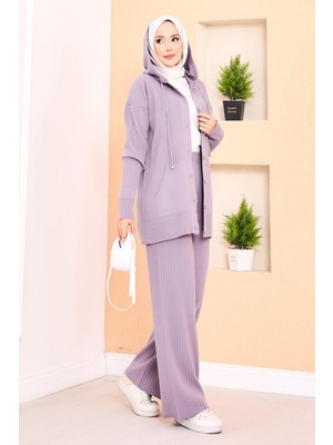 Frx Fitilli Kapüşonlu Cepli Triko Tesettür Takım Lila