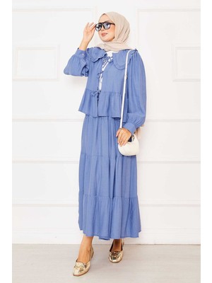 Md Bebe Yaka Önden Bağcıklı Etekli Takım İndigo