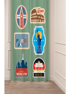 Greendecor Paris London New York Moscow Rome Berlin Tasarımlı Dijital Baskılı (Tek Kanat) Modern Şık Fon Perde