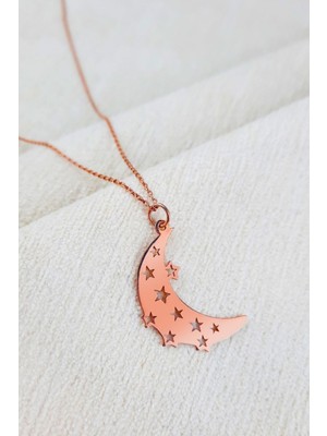 Kadın 925 Ayar Gümüş Rose Yıldız Desenli Ay-Hilal Kolye