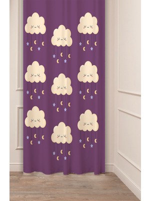 Greendecor Baby Bulut Ay Yıldız Desenli Özel Tasarım Dijital Baskılı (Tek Kanat) Çocuk Odası Modern Fon Perde