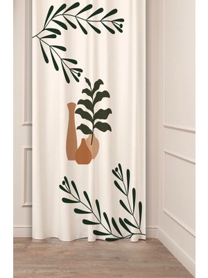 Greendecor Yaprak Vazo Bohem Minimalist Bej Krem Desenli Özel Tasarım Dijital Baskılı (Tek Kanat) Şık Fon Perde