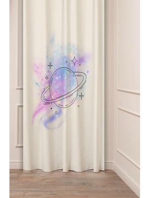 Greendecor Uzay Gezegen Yıldız Ay Desenli Özel Tasarım Dijital Baskılı (Tek Kanat) Krem Bej Modern Fon Perde