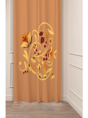 Greendecor Bohem Çiçek Yaprak Çilek Desenli Özel Tasarım Dijital Baskılı (Tek Kanat) Modern Şık Fon Perde