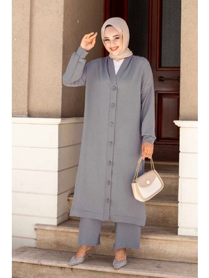 Md Boydan Düğmeli Aerobin Tesettür İkili Takım Gri