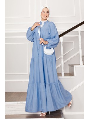 ZNK Önü Yarım Düğmeli Kat Kat Elbise Bebe Mavisi