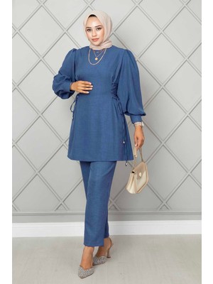 Md Yandan Bağlamalı Keten Tesettür İkili Takım Mavi