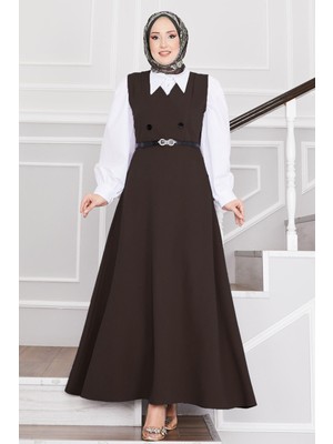 Md Düğme Detaylı Kemerli Tesettür Jile Acı Kahve