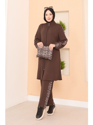 DF Leopar Şeritli Fermuarlı Oyşo Takım Kahve