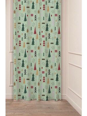 Greendecor Yılbaşı Çam Ağacı Noel Ağacı Kar Yeni Yıl Christmas Desenli Özel Tasarımlı Dijital Baskılı Fon Perde