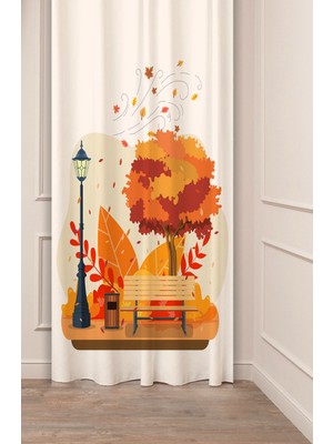 Greendecor Sonbahar Altın Yaprak Sokak Lambası Doğa Desenli Özel Tasarım Dijital Baskılı Şık Tarz Fon Perde