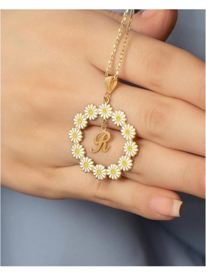Kadın 925 Ayar Gümüş Altın Kaplama Kişiye Özel Harfli Papatya Kolye