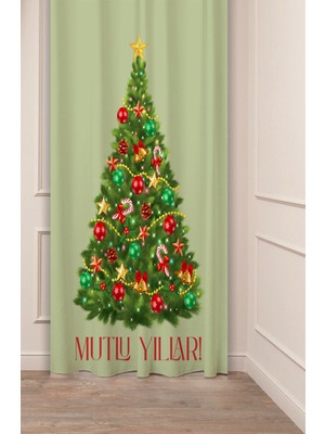 Greendecor Yılbaşı Çam Ağacı Noel Ağacı Kar Yeni Yıl Christmas Desenli Özel Tasarımlı Dijital Baskılı Fon Perde