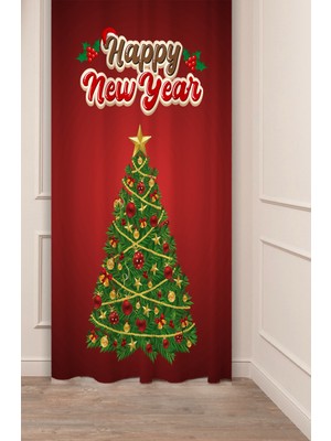 Greendecor Yılbaşı Çam Ağacı Noel Ağacı Kar Yeni Yıl Christmas Desenli Özel Tasarımlı Dijital Baskılı Fon Perde
