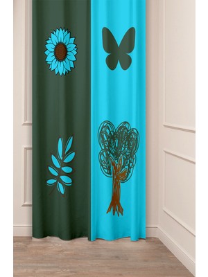 Greendecor Kelebek Çiçek Yaprak Ağaç Desenli Özel Tasarım Dijital Baskılı (Tek Kanat) Modern Şık Fon Perde