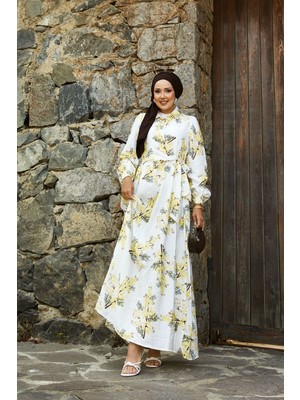 EFL Yandan Bağlamalı Çiçek Desen Modal Elbise Sarı