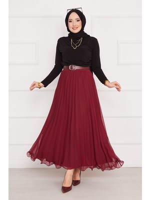 Kç Altı Volanlı Piliseli Tesettür Etek Bordo