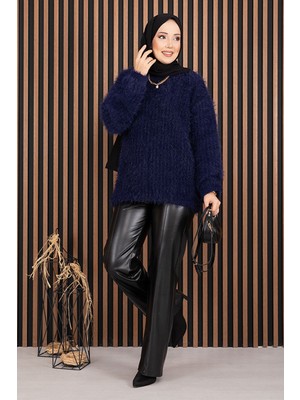 Mo Softy Peluş Dokulu Triko Kazak Lacivert