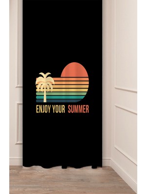Greendecor Enjoy Your Summer Vibes Yaz Palmiye Güneş Desenli Özel Tasarım Dijital Baskılı (Tek Kanat) Fon Perde