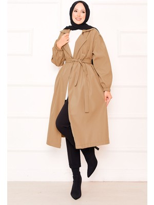 Sm Kol Ucu Lastikli Seyyar Kuşaklı Tesettür Trenç Camel