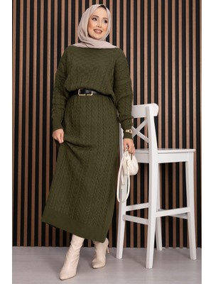 RAF Saç Örgü Dokulu Triko Elbise Haki