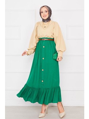 ZMR Beli Lastikli Düğme Detaylı Tesettür Etek Zümrüt