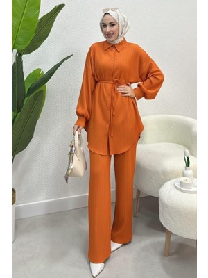 Tesettür Diyarı Kadın Balon Kol Bağcık Detaylı Ikili Takım-Turuncu