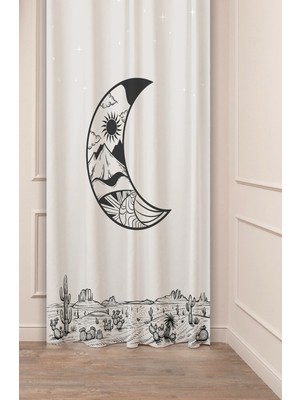 Greendecor Kaktüs Güenş Ay Çöl Dağ Bohem Desenli Özel Tasarım Dijital Baskılı (Tek Kanat) Bej Gri Şık Fon Perde