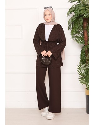 Kç Işıltılı Taş Detaylı Büzgülü Oyşo Tesettür Takım Kahve